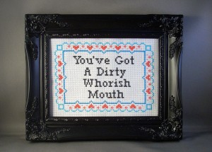 ACrafty Interview - Katie Kutthroat anchorman quote cross stitch