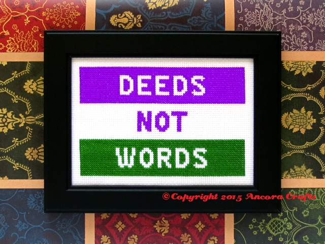 deeds not words cross stitch pattern suffragette banner