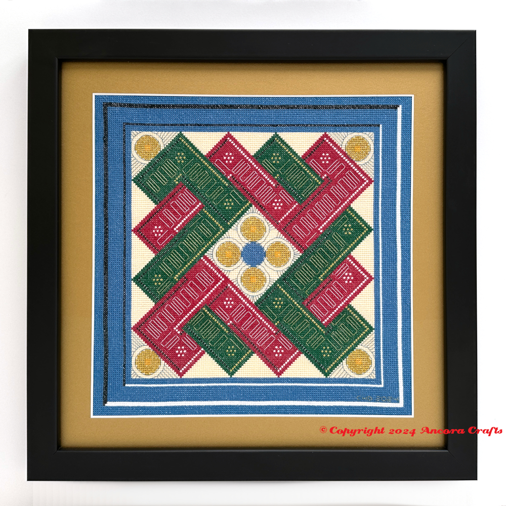 siena geometric cross stitch pattern is based on an illuminated musical manuscript seen in the Piccolomini Library in the Duomo in Siena Italy